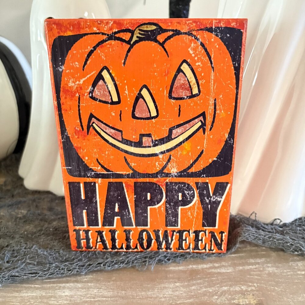 Vintage Retro Post Card Wooden Happy Halloween Jack O Lantern Tabletop Sign